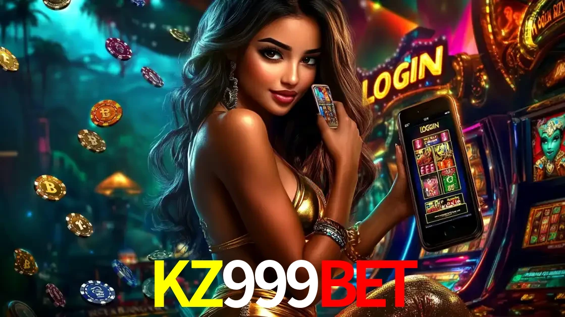 Mulher em um cenário de cassino temático de aventura, mostrando o app de caça-níqueis da KZ999BET no celular. Fichas de apostas flutuam ao redor.