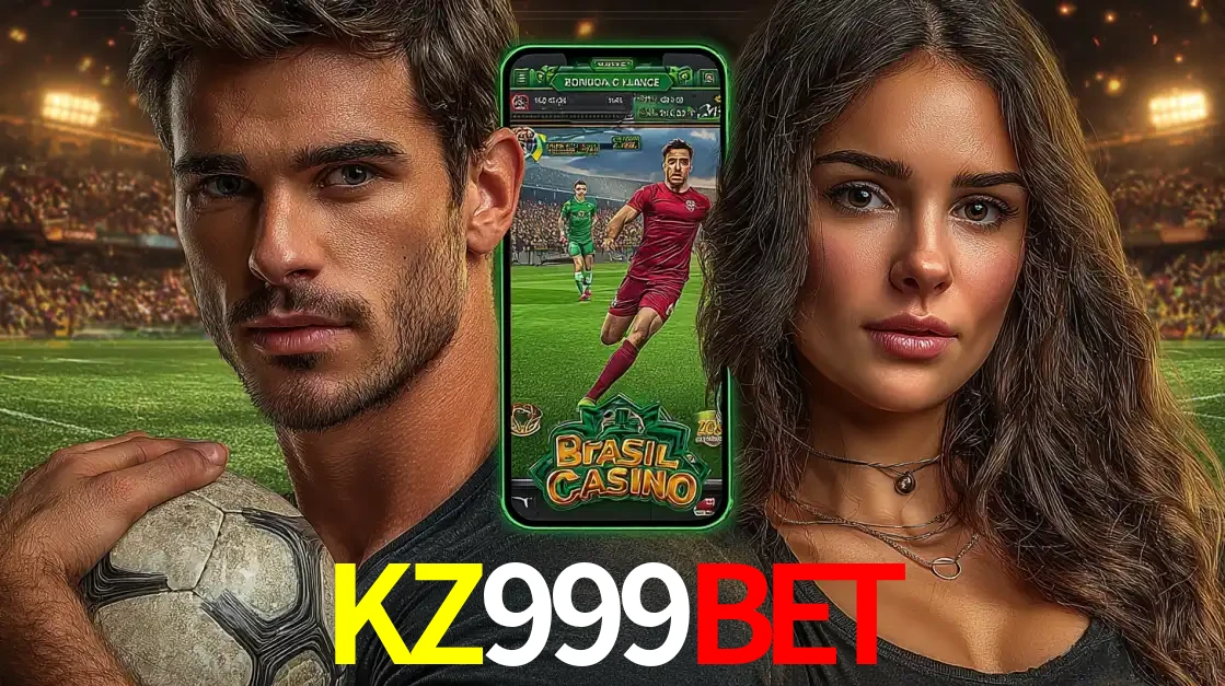 Homem segurando uma bola de futebol e uma mulher ao lado de um smartphone exibindo o jogo de apostas esportivas da KZ999BET. Faça seu palpite no cassino online.